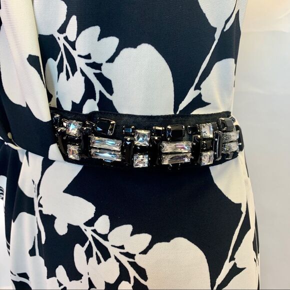 JONES New York collection black white floral sleeveless wrap embellished dress L - Picture 6 of 11